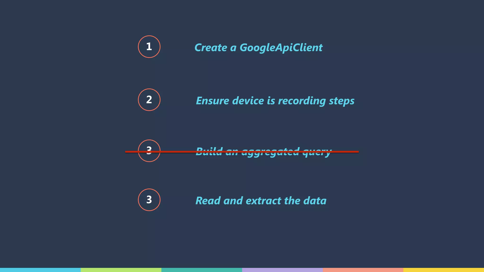Create a GoogleApiClient
Ensure device is recording steps
Build an aggregated query
Read and extract the data
1
2
3
3
 