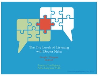 The Five Levels of Listening
    with Doctor Neha
       Google+ Hangout
          02.20.13

     Intuitive Intelligence
     Neha Sangwan, M.D.
                              ©Intuitive Intelligence, Inc. 2012
 