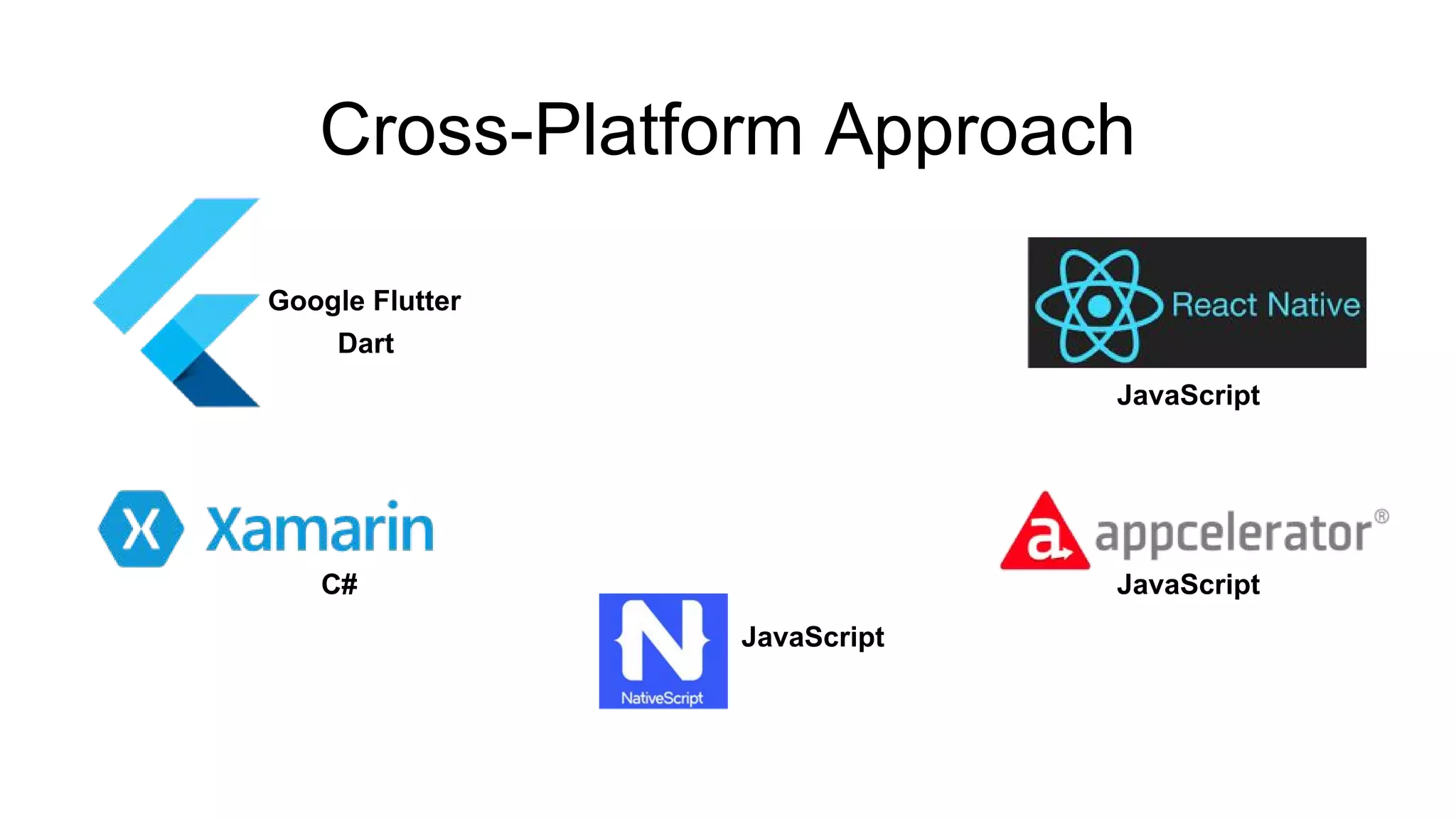 Cross-Platform Approach
Google Flutter
JavaScript
JavaScript
JavaScript
C#
Dart
 