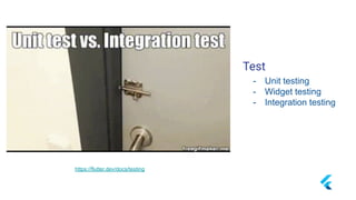 Test
https://flutter.dev/docs/testing
- Unit testing
- Widget testing
- Integration testing
 