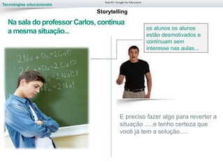 Tecnologias educacionais
Aula 01-Googlefor Education
Na sala do professor Carlos, continua
a mesma situação...
Escreva as
respostas para
cada pergunta e
depois reflita.
Storytelling
os alunos os alunos
estão desmotivados e
continuam sem
interesse nas aulas...
E preciso fazer algo para reverter a
situação .....e tenho certeza que
você já tem a solução.....
 