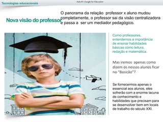 Tecnologias educacionais
Nova visão doprofessor
O panorama da relação professor x aluno mudou
completamente, o professor sai da visão centralizadora
e passa a ser um mediador pedagógico.
Aula 01-Googlefor Education
Como professores,
entendemos a importância
de ensinar habilidades
básicas como leitura,
redação e matemática.
Mas iremos apenas como
dizem os nossos alunos ficar
no “Basicão”?
Se fornecermos apenas o
essencial aos alunos, eles
sofrerão com a enorme lacuna
de conhecimento e
habilidades que precisam para
se desenvolver bem em locais
de trabalho do século XXI.
 