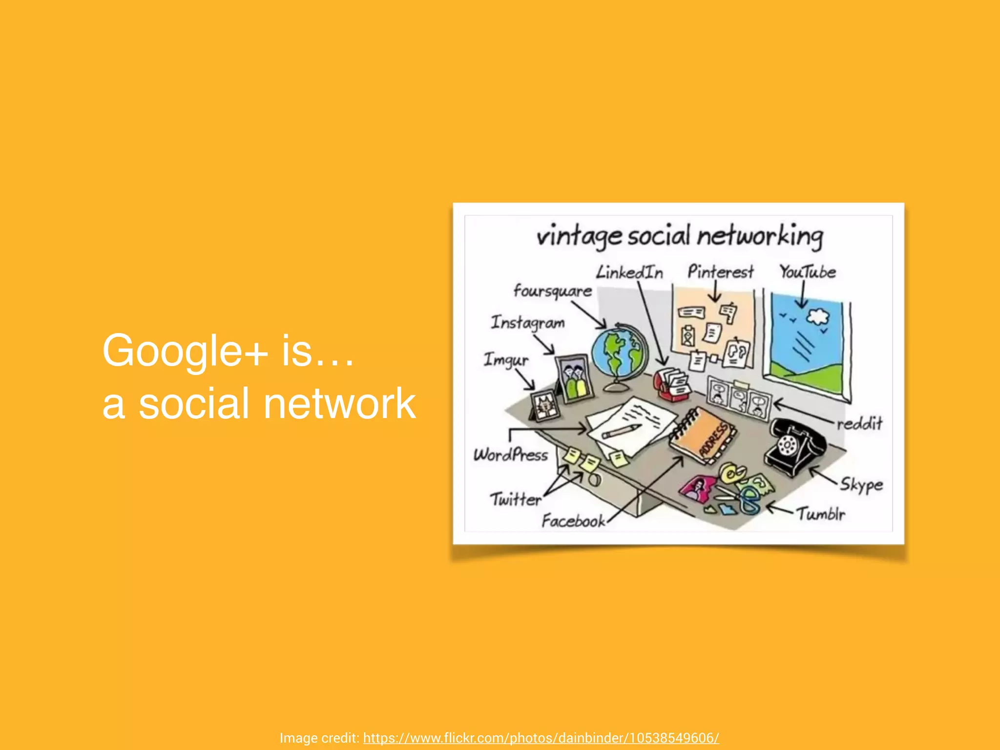 Google+ is…!
a social network
Image credit: https://www.flickr.com/photos/dainbinder/10538549606/
 