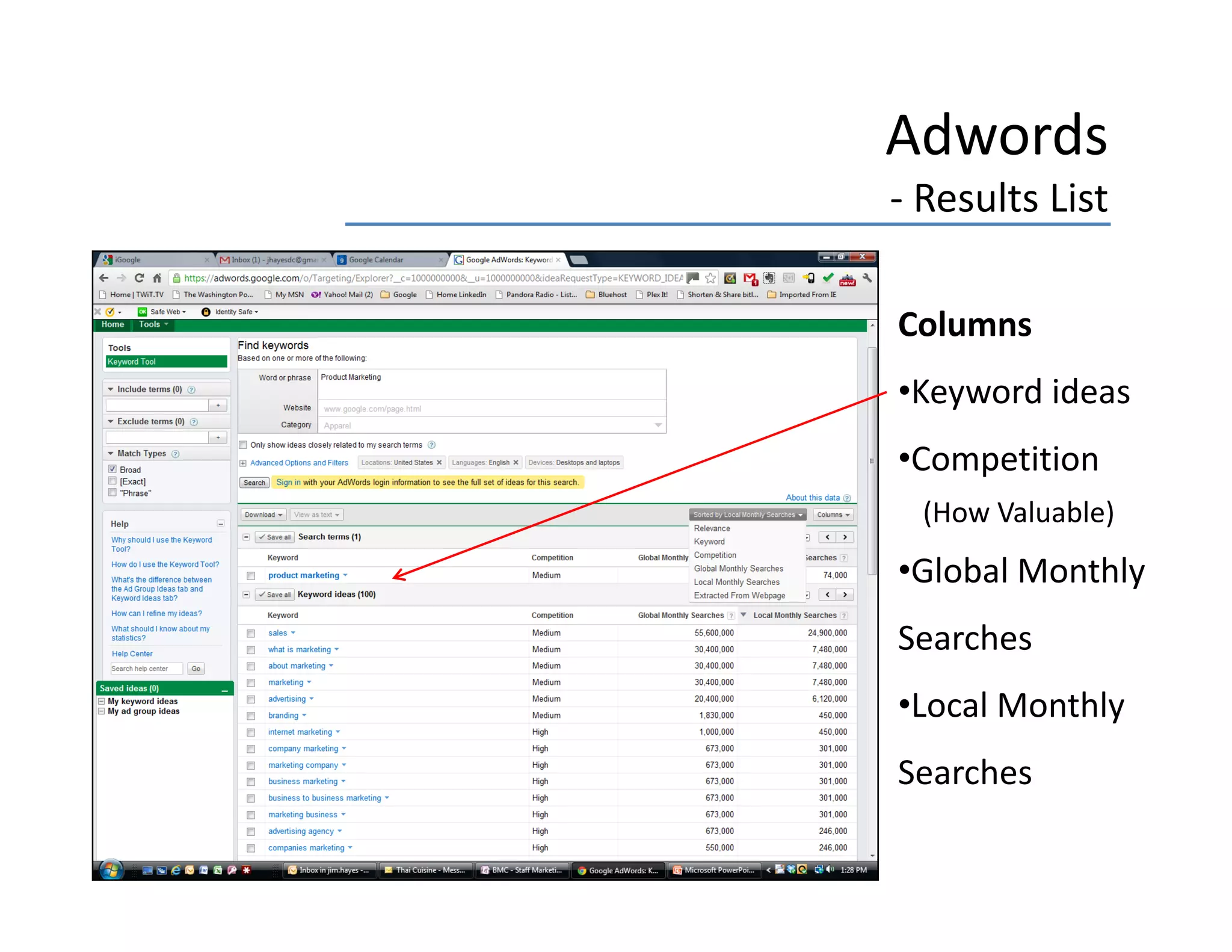 Adwords
‐ Results List

Columns
•Keyword ideas
•Competition
  (How Valuable)
•Global Monthly 
Searches
•Local Monthly 
Searches
 
