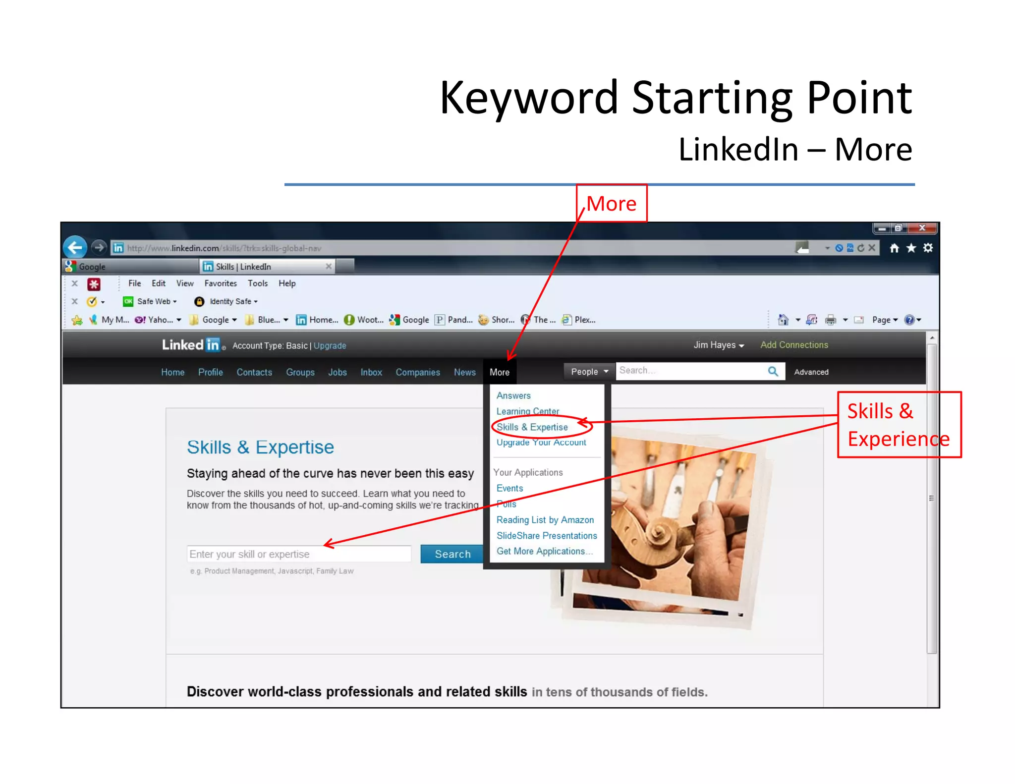 Keyword Starting Point
             LinkedIn –
             LinkedIn More
      More




                      Skills & 
                      Experience
 