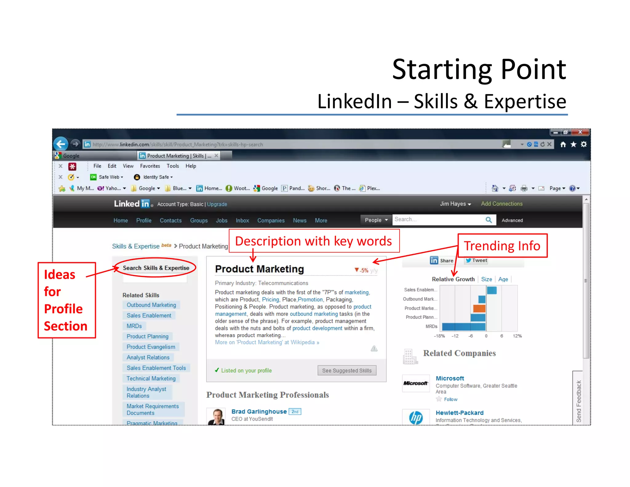 Starting Point
                        LinkedIn – Skills & Expertise




           Description with key words    Trending Info

Ideas 
Ideas
for 
Profile 
Section
 