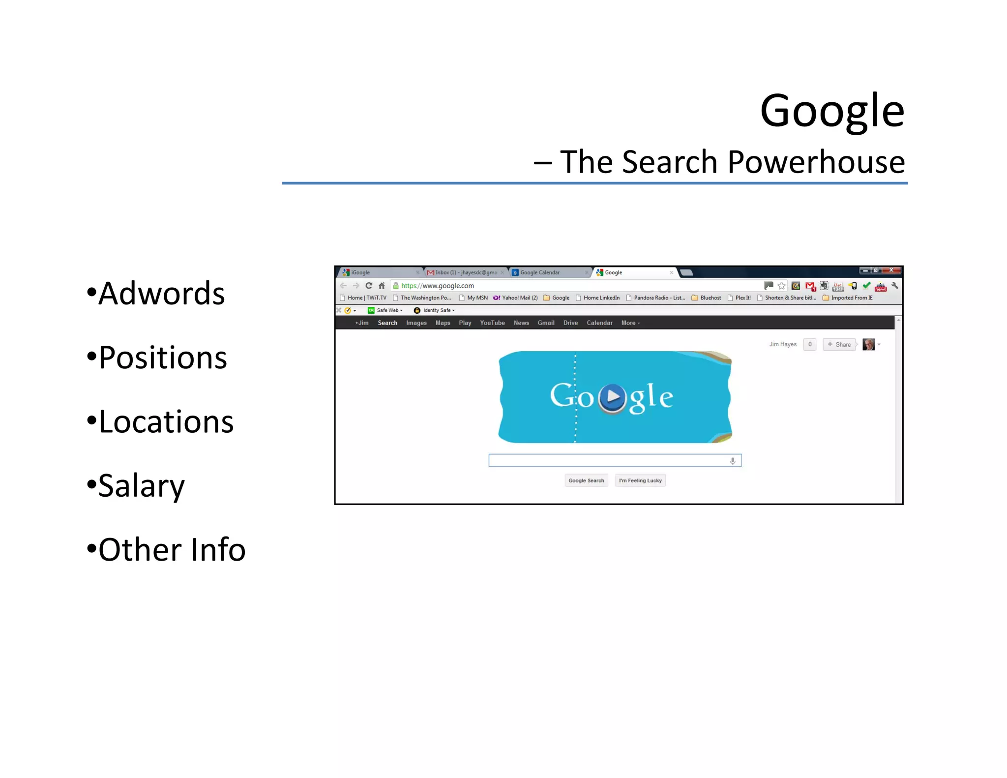 Google 
              – The Search Powerhouse


•Adwords
•Positions
•Locations
•Salary
•Other Info
 