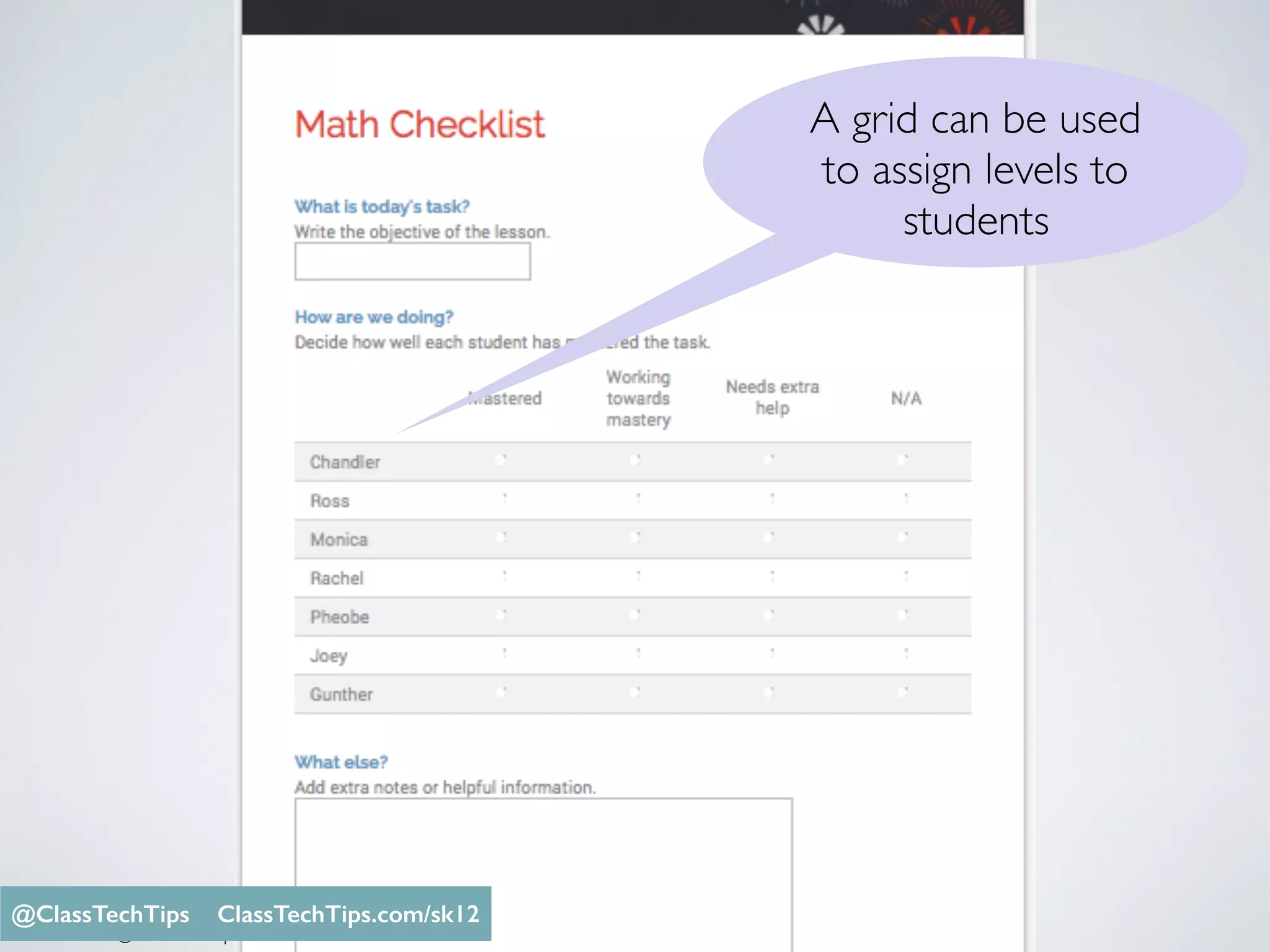 Monica Burns @ClassTechTips
A grid can be used
to assign levels to
students
@ClassTechTips ClassTechTips.com/sk12
 