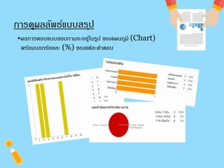 การดผูลลัพธ์แบบสรปุ 
•ผลการตอบแบบสอบถามจะอยู่ในรปู ของแผนภูมิ (Chart) 
พร้อมบอกร้อยละ (%) ของแต่ละคา ตอบ 
 