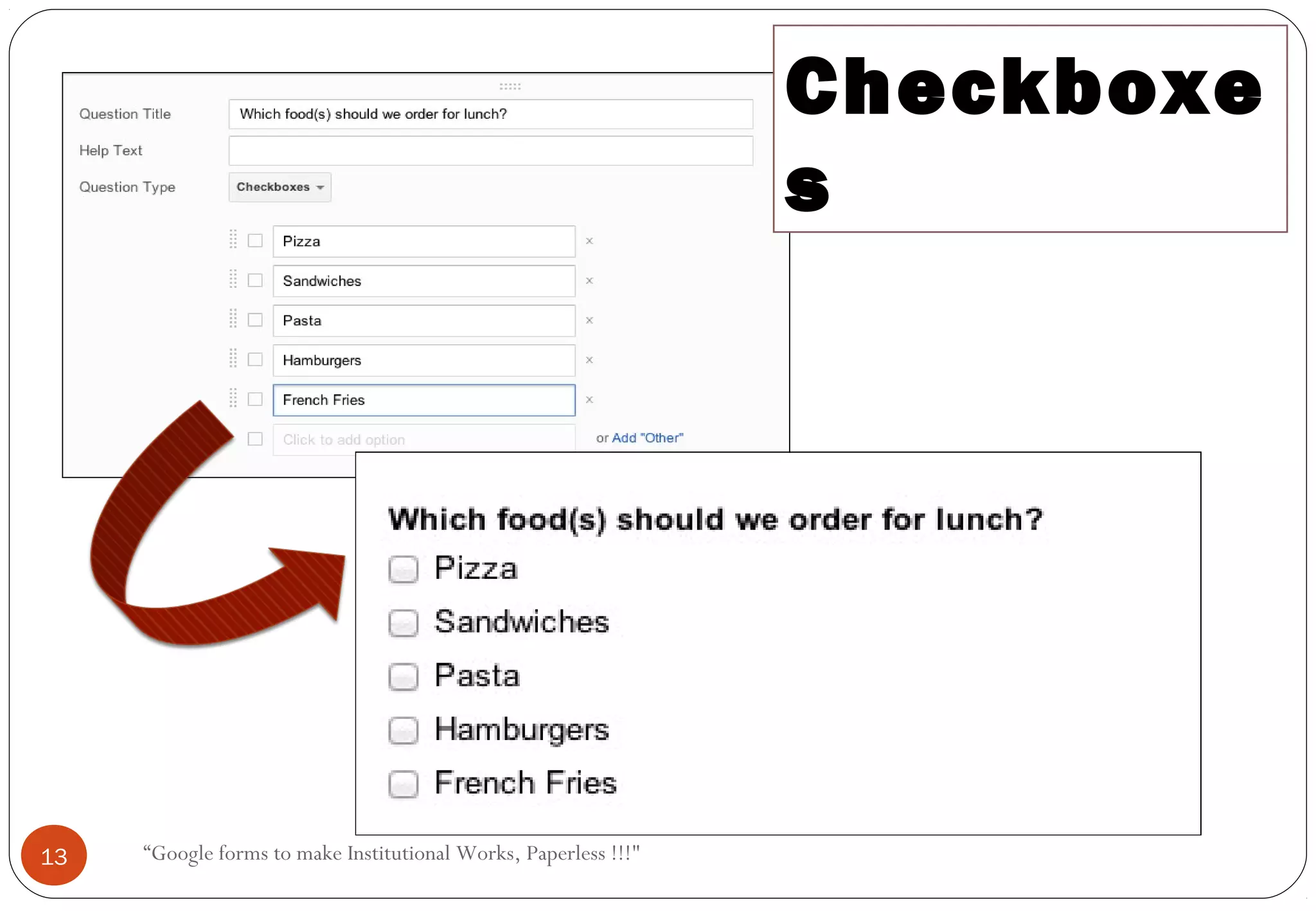 Checkboxe
s
13 “Google forms to make Institutional Works, Paperless !!!"
 