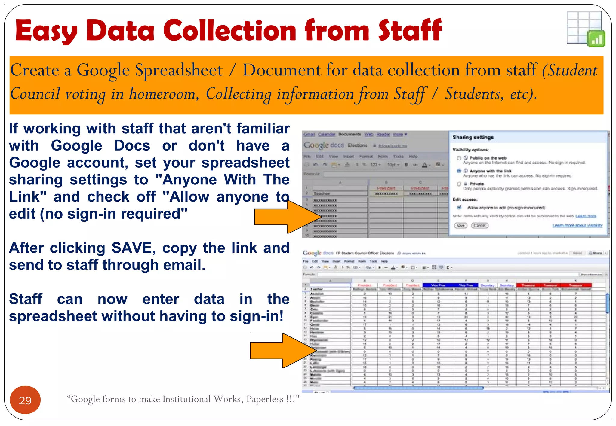 Easy Data Collection from Staff
Create a Google Spreadsheet / Document for data collection from staff (Student
Council voting in homeroom, Collecting information from Staff / Students, etc).
If working with staff that aren't familiar
with Google Docs or don't have a
Google account, set your spreadsheet
sharing settings to "Anyone With The
Link" and check off "Allow anyone to
edit (no sign-in required"
After clicking SAVE, copy the link and
send to staff through email.
Staff can now enter data in the
spreadsheet without having to sign-in!
29 “Google forms to make Institutional Works, Paperless !!!"
 