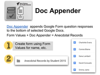 Doc Appender
Doc Appender appends Google Form question responses
to the bottom of selected Google Docs.
Form Values + Doc Appender = Anecdotal Records
Cr Create form using Form
Values for name, etc.
 