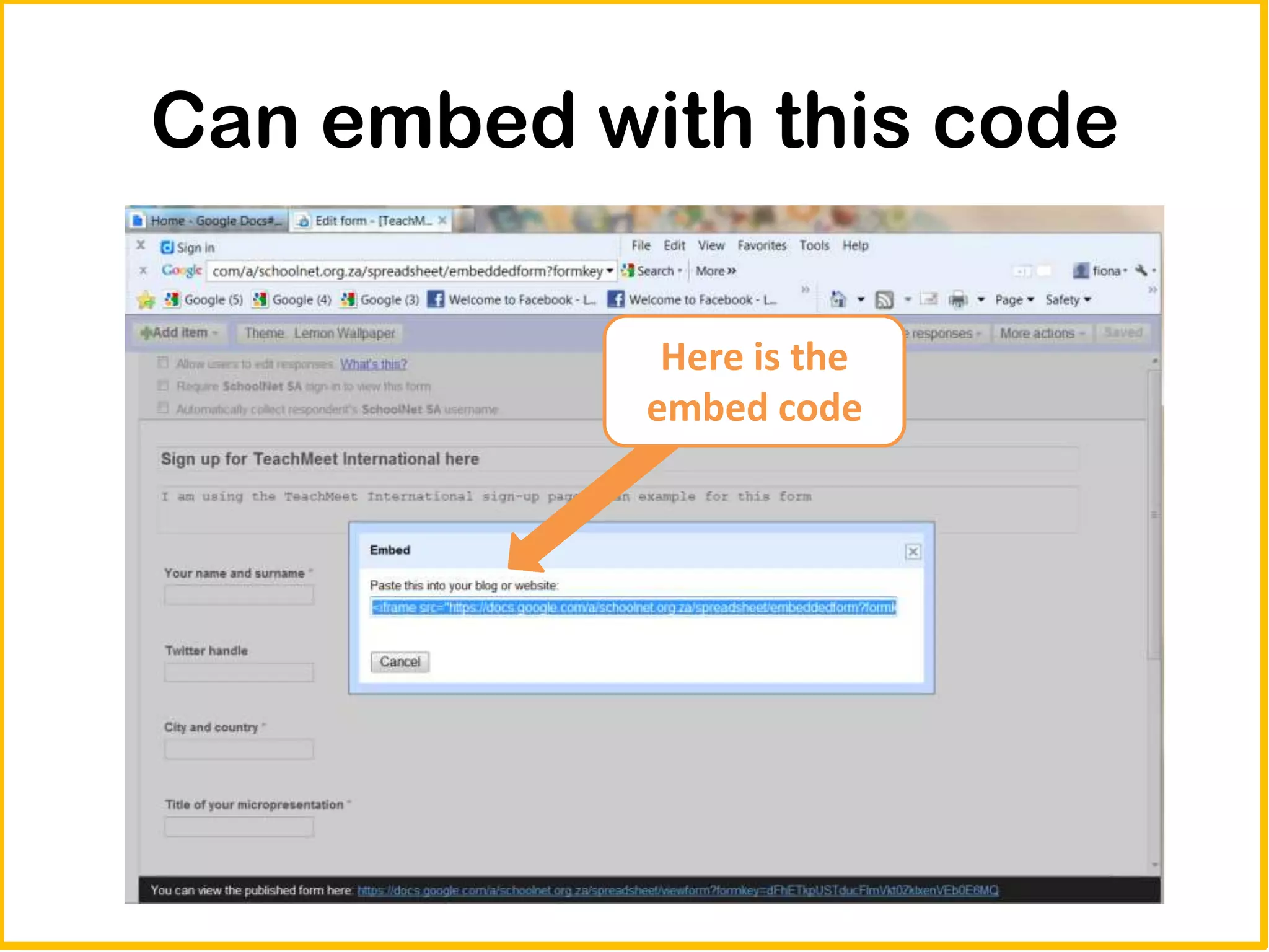 Can embed with this code

             Here is the
            embed code
 