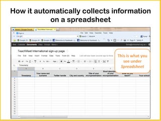 How it automatically collects information
           on a spreadsheet



                               This is what you
                                  see under
                                Spreadsheet
 