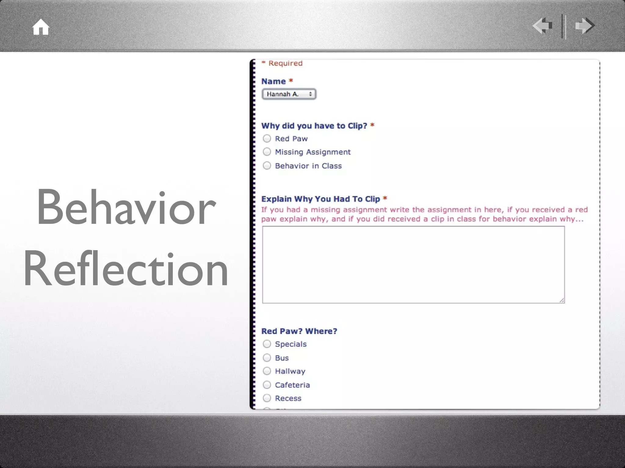 Behavior
Reflection
 