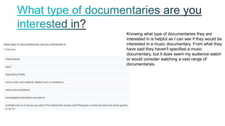 Knowing what type of documentaries they are
interested in is helpful as I can see if they would be
interested in a music documentary. From what they
have said they haven't specified a music
documentary, but it does seem my audience watch
or would consider watching a vast range of
documentaries.
 