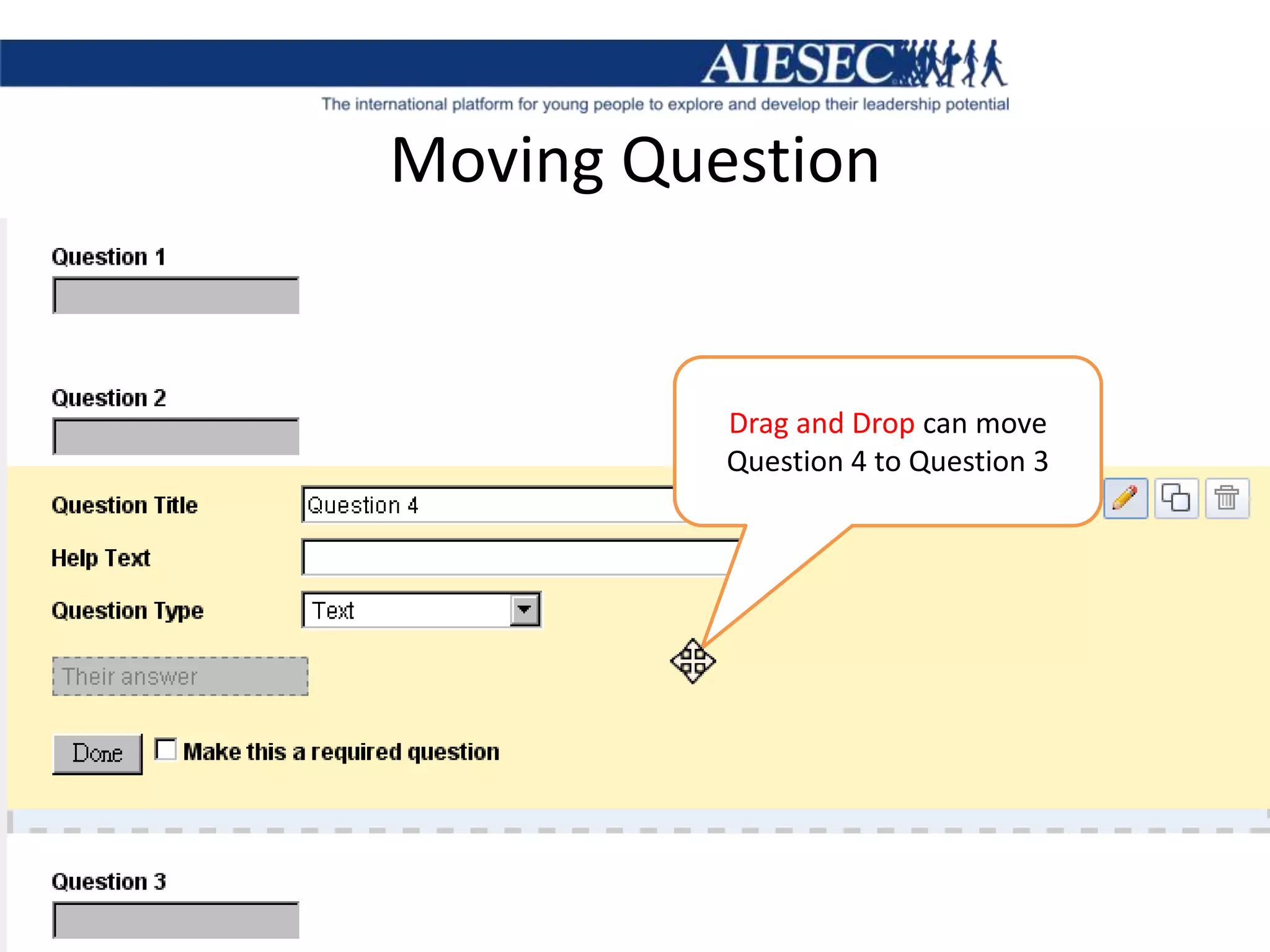 Moving Question Drag and Drop can move Question 4 to Question 3