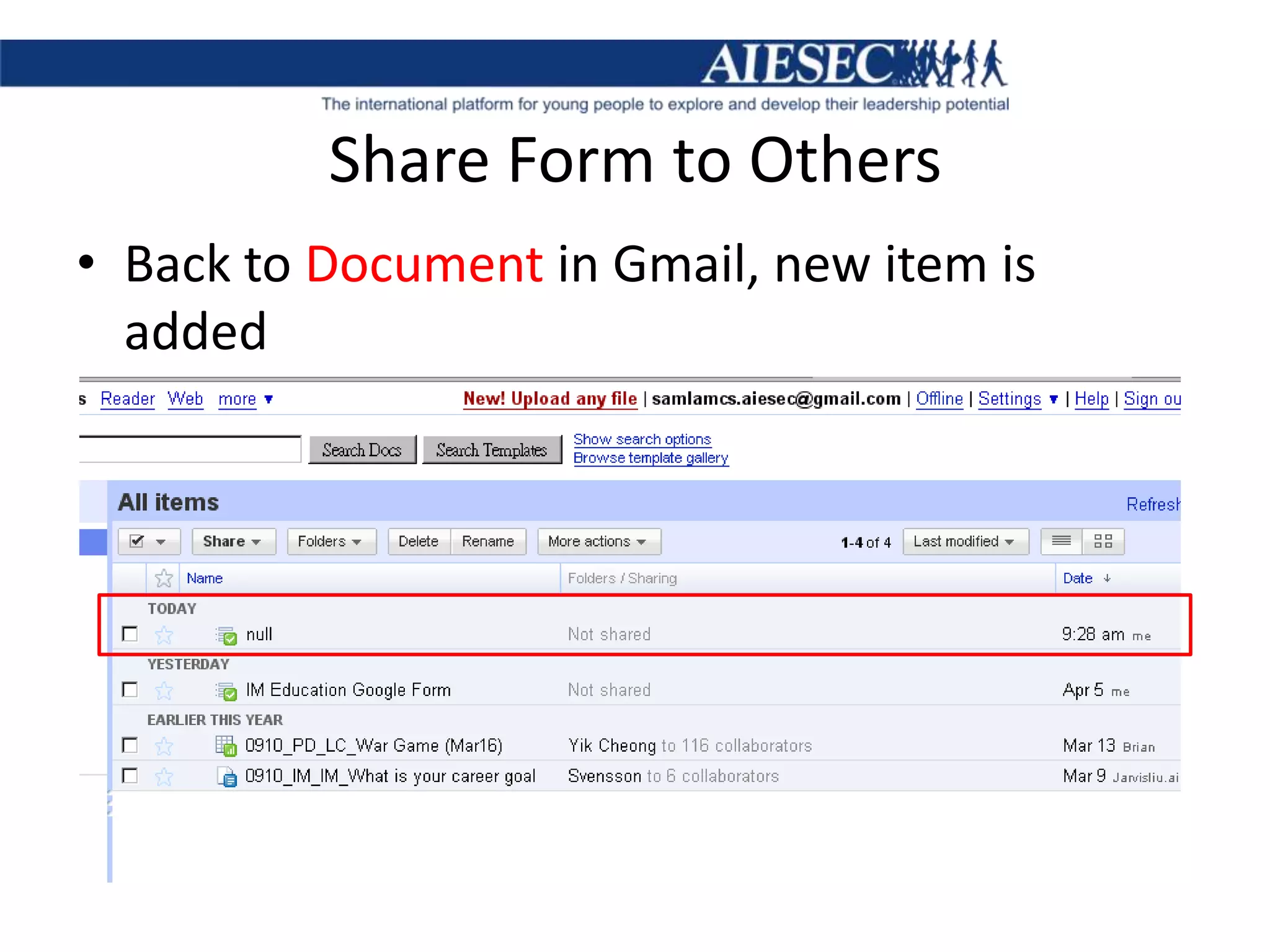 Share Form to OthersBack to Document in Gmail, new item is added