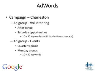 AdWords
• Campaign – Charleston
– Ad group - Volunteering
• After-school
• Saturday opportunities
– 10 – 30 keywords (avoid duplication across ads)
– Ad group - Events
• Quarterly picnic
• Monday groups
– 10 – 30 keywords
25
 