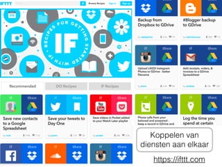 https://apps.google.com/intx/nl/
Onderwijs en non-proﬁt gratis
 