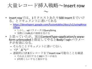 大量レコード挿入戦略～Insert row
～
• Insert rowでは、1リクエストあたり500 Insertまでいけ
る、とドキュメントに書いてある
– https://developers.google.com/fusiontables/docs/v1/using#inse
rtRow
• しかし、sqlパラメータはQueryString
• 実際にはURL長の制限を受ける
• と思っていたが、実はContentType=application/x-www-
form-urlencodedと指定してやるとBodyのsql=パラメー
タが有効になる。
– そんなことドキュメントに書いてない。
– ヾ(*｀Д´*)ﾉ“
– 連続的に17.8万レコードまでInsert row可能なことを確認
• それ以上実行すると502エラーが返る
• 1時間くらいすると復旧する
14
 