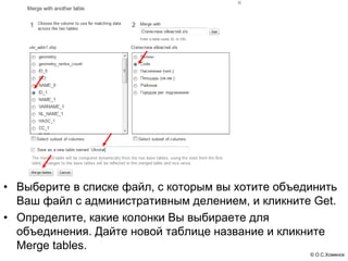 • Выберите в списке файл, с которым вы хотите объединить
  Ваш файл с административным делением, и кликните Get.
• Определите, какие колонки Вы выбираете для
  объединения. Дайте новой таблице название и кликните
  Merge tables.
                                                   © О.С.Хоменок
 