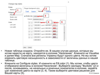 2
               1

                                        3

                                             4          5




•   Новая таблица создана. Откройте ее. В нашем случае данные, которые мы
    хотим нанести на карту, находятся в колонке “Население”. Кликните на Visualise
    и далее Map. Сначала все регионы Украины будут одного цвета. Но мы хотим
    изменить цветовую насыщенность в зависимости от величины данных в нашей
    таблице.
•   Кликните на Configure styles. И кликните на Fill color (1). Мы хотим, чтобы цвета
    отображали величины в колонке“Население”. Выберите закладку “Buckets” (2) и
    после, основываясь, на начальных и конечных показателях в колонке, задайте
    шаг изменений цвета на карте (3, 4). Также выберите цветовое решение для
    Вашей карты (5).                                                          © О.С.Хоменок
 