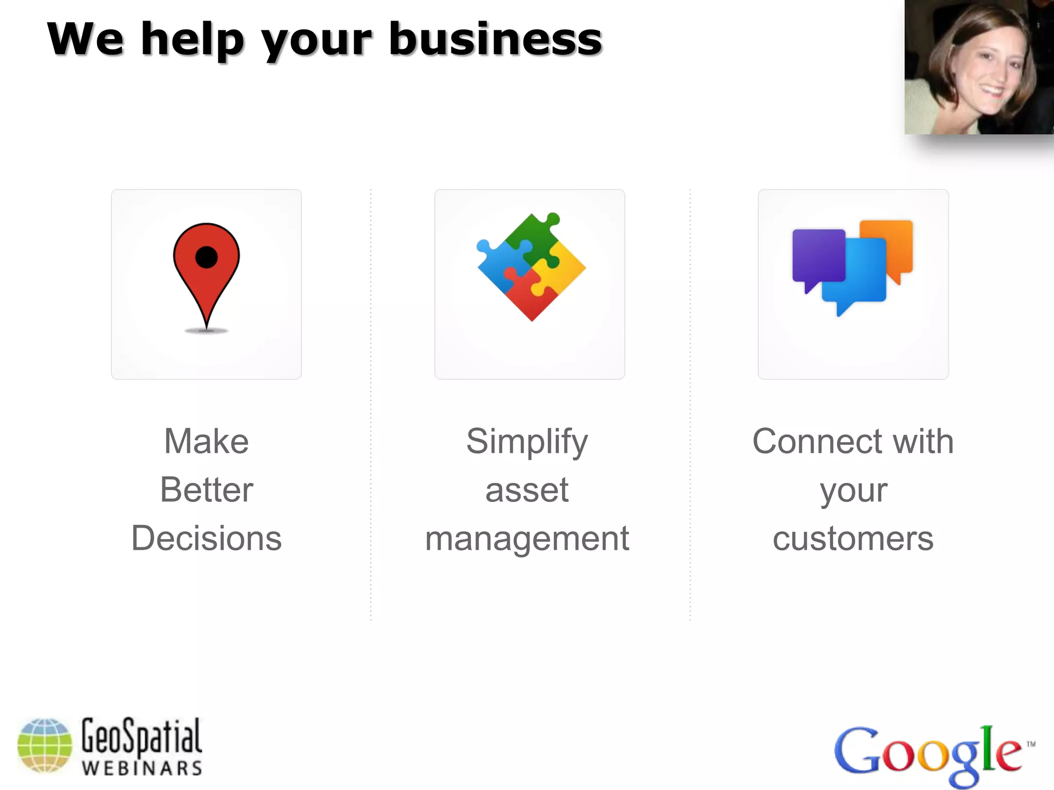 We help your business




    Make         Simplify   Connect with
    Better        asset         your
   Decisions   management    customers
 