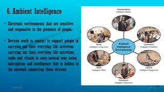 • Electronic environments that are sensitive
and responsive to the presence of people.
• Devices work in concert to support people in
carrying out their everyday life activities
carrying out their everyday life activities,
tasks and rituals in easy, natural way using
information and intelligence that is hidden in
the network connecting these devices.
6. Ambient Intelligence
15-04-2014 14
 
