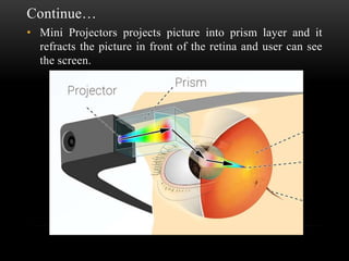 Continue…
• Mini Projectors projects picture into prism layer and it
refracts the picture in front of the retina and user can see
the screen.

 