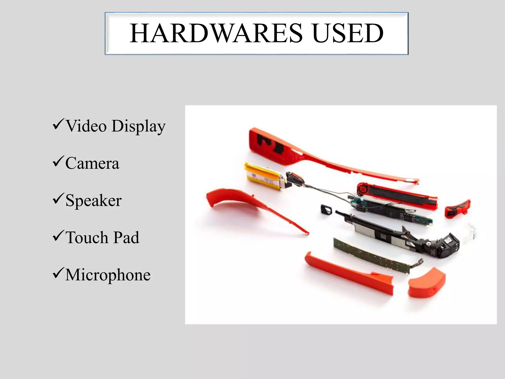 HARDWARES USED 
Video Display 
Camera 
Speaker 
Touch Pad 
Microphone 
 