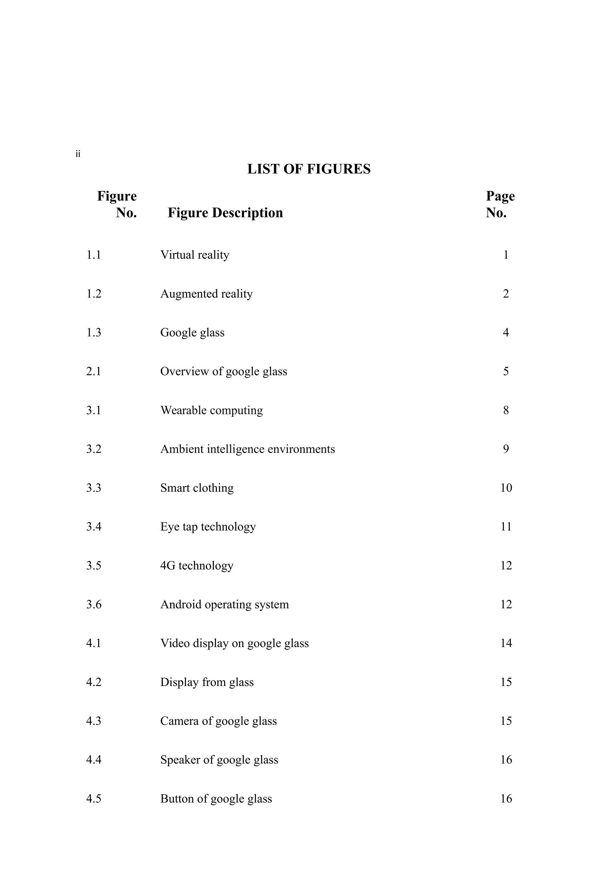 ii
LIST OF FIGURES
Figure
No. Figure Description
Page
No.
1.1 Virtual reality 1
1.2 Augmented reality 2
1.3 Google glass 4
2.1 Overview of google glass 5
3.1 Wearable computing 8
3.2 Ambient intelligence environments 9
3.3 Smart clothing 10
3.4 Eye tap technology 11
3.5 4G technology 12
3.6 Android operating system 12
4.1 Video display on google glass 14
4.2 Display from glass 15
4.3 Camera of google glass 15
4.4 Speaker of google glass 16
4.5 Button of google glass 16
 