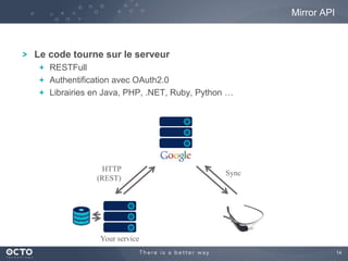 14 
Le code tourne sur le serveur 
RESTFull 
Authentification avec OAuth2.0 
Librairies en Java, PHP, .NET, Ruby, Python … 
Mirror API 
Your service 
Sync 
HTTP 
(REST) 
 