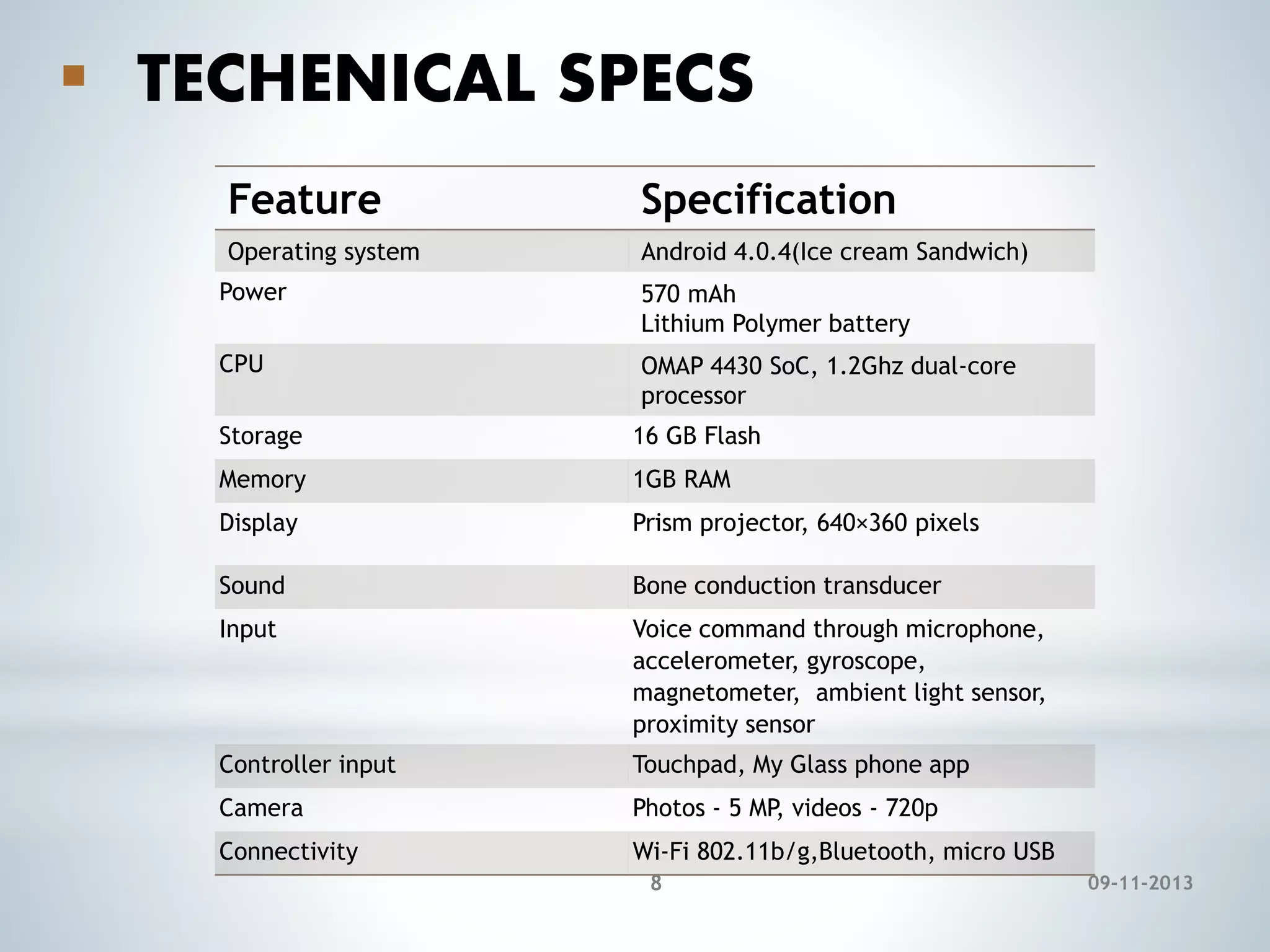  TECHENICAL SPECS
Feature

Specification

Operating system

Android 4.0.4(Ice cream Sandwich)

Power

570 mAh
Lithium Polymer battery

CPU

OMAP 4430 SoC, 1.2Ghz dual-core
processor

Storage

16 GB Flash

Memory

1GB RAM

Display

Prism projector, 640×360 pixels

Sound

Bone conduction transducer

Input

Voice command through microphone,
accelerometer, gyroscope,
magnetometer, ambient light sensor,
proximity sensor

Controller input

Touchpad, My Glass phone app

Camera

Photos - 5 MP, videos - 720p

Connectivity

Wi-Fi 802.11b/g,Bluetooth, micro USB
8

09-11-2013

 