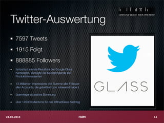 Twitter-Auswertung
HdM23.06.2013 14
7597 Tweets
1915 Folgt
888885 Followers
fantastische erste Resultate der Google Glass
Kampagne, erzeugte viel Mundproganda bei
Produktinteressenten
13 Milliarden Impressions (die Summe aller Follower
aller Accounts, die getwittert bzw. retweetet haben)
überwiegend positive Stimmung
über 145000 Mentions für das #ifIhadGlass hashtag
 