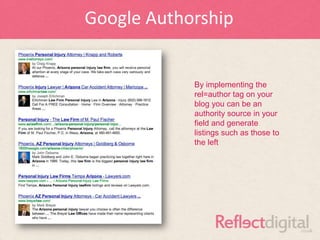 Google Authorship


            By implementing the
            rel=author tag on your
            blog you can be an
            authority source in your
            field and generate
            listings such as those to
            the left
 