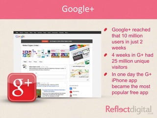 Google+

          Google+ reached
          that 10 million
          users in just 2
          weeks
          4 weeks in G+ had
          25 million unique
          visitors
          In one day the G+
          iPhone app
          became the most
          popular free app
 