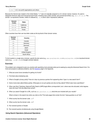 .org U.S. non-profit organizations and others
Because the Internet was created in the United States, "US" was not originally assigned to U.S. domain names; however, it's used to
designate American state and local government hosts, including many public schools, and commercial entities, e.g., well.sf.ca.us. The
domain .ca represents Canada, unless it's followed by .us, in which case it represents California.
Domain
Codes
State
.ca.us California
.nv.us Nevada
.tx.us Texas
Other countries have their own two letter codes as the top level of their domain names.
Domain
Codes
Country
.ca Canada
.de Germany
.dk Denmark
.jp Japan
.il Israel
.uk United Kingdom
.za South Africa
To limit results to a single site or domain, specify the site name (e.g., www.googleguide.com or googleguide.com) or a top-level domain
name (e.g., .com or .edu) in Google's domain selector.
Exercises
This problem set is designed to give you practice with specifying more precisely what you're seeking by using the Advanced Search form. For
hints and answers to selected problems, see the Solutions page in the Appendix.
1. What are some home remedies for getting rid of ants?
2. Find facts about declawing cats.
3. What is Google's privacy policy? How do I stop my previous queries from appearing when I type in a new search term?
4. Some movie stars attend Botox parties. What goes on at such parties and why do they attend? Which stars have used Botox?
5. When was Nina Totenberg, National Public Radio's (NPR) legal affairs correspondent, born, where was she educated, what degrees
does she have? Did she attend law school?
6. When you search Google for a URL, such as www.guardian.co.uk, what links are included with your results?
What is shown in the search box when you click on the "Find web pages that contain the term "www.guardian.co.uk" link?
7. What country has the domain code .at?
8. What country has the domain code .bm?
9. Run several queries on Soople.
10. Run several queries simultaneously using Google Blaster.
Using Search Operators (Advanced Operators)
Nancy Blachman Google Guide
Creative Commons License: Some Rights Reserved 46
 