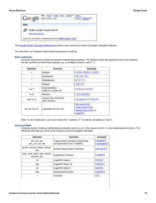 The Google Guide Calculator Reference provide a nice summary of some of Google's calculator features.
The calculator can evaluate mathematical expressions involving:
Basic Arithmetic
Compute expressions containing standard mathematical symbols. The following table lists operators that come between
the two numbers on which they operate, e.g., to multiply 2 times 3, use 2 * 3.
Operator Function Example
+ Addition [ 15.99 + 32.50 + 13.25 ]
- Subtraction [ 79 - 18 - 19 ]
* Multiplication [ 2 * 3 * 7 ]
/ Division [ 378 / 9 ]
^ or **
Exponentiation
(raise to a power of)
[ 4^10 ] or [ 4**10 ]
% of Percent [ 15% of 93.45 ]
mod or %
modulo (the remainder
after division)
[ 15 mod 9 ] or [ 15 % 9 ]
the nth root of calculates the nth root
[ 4th root of 16 ]
[ cube root of 109 ]
[ square root of 42 ] or
[ sqrt(42) ]
Note: To do multiplication, you must include the * symbol; [ 3 * 4 ] will be calculated, 3 4 won't.
Advanced Math
Compute results involving mathematical constants, such as e, pi, i (the square root of -1), and mathematical functions. The
following table lists just some of the functions built into Google's calculator.
Operator Function Example
sin, cos, tan,
sec, csc, cot, etc.
Trigonometric functions (arguments
are assumed to be in radians)
[ cos(pi/6) ]
[ cosine(pi/6) ]
arcsin, arccos, arctan, arccsc,
etc.
Inverse trigonometric functions [ arccos(.5) ]
sinh, cosh, tanh, csch, arsinh,
arccsch, etc.
Hyperbolic functions [ cosh(6) ]
ln Logarithm base e [ ln(16) ]
log Logarithm base 10 [ log(16) ]
lg Logarithm base 2 [ lg(16) ]
exp Exponential function [ exp(16) ]
! Factorial [ 5! ]
Nancy Blachman Google Guide
Creative Commons License: Some Rights Reserved 79
 