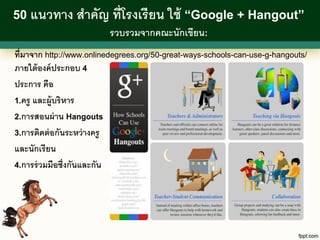 50 แนวทาง สาคัญ ที่โรงเรี ยน ใช้ “Google + Hangout”
               รวบรวมจากคณะนักเขียน:
ที่มาจาก http://www.onlinedegrees.org/50-great-ways-schools-can-use-g-hangouts/
ภายใต้ องค์ ประกอบ 4
ประการ คือ
1.ครู และผู้บริ หาร

2.การสอนผ่ าน Hangouts

3.การติดต่ อกันระหว่ างครู

และนักเรี ยน
4.การร่ วมมือซึ่งกันและกัน
 