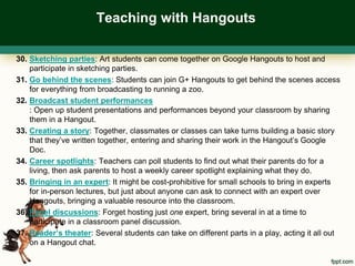 Teaching with Hangouts

30. Sketching parties: Art students can come together on Google Hangouts to host and
    participate in sketching parties.
31. Go behind the scenes: Students can join G+ Hangouts to get behind the scenes access
    for everything from broadcasting to running a zoo.
32. Broadcast student performances
    : Open up student presentations and performances beyond your classroom by sharing
    them in a Hangout.
33. Creating a story: Together, classmates or classes can take turns building a basic story
    that they’ve written together, entering and sharing their work in the Hangout’s Google
    Doc.
34. Career spotlights: Teachers can poll students to find out what their parents do for a
    living, then ask parents to host a weekly career spotlight explaining what they do.
35. Bringing in an expert: It might be cost-prohibitive for small schools to bring in experts
    for in-person lectures, but just about anyone can ask to connect with an expert over
    Hangouts, bringing a valuable resource into the classroom.
36. Panel discussions: Forget hosting just one expert, bring several in at a time to
    participate in a classroom panel discussion.
37. Reader’s theater: Several students can take on different parts in a play, acting it all out
    on a Hangout chat.
 