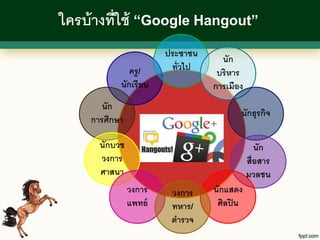 ใครบ้ างที่ใช้ “Google Hangout”
                       ประชาชน
                                   นัก
              ครู /     ทั่วไป
                                  บริหาร
           นักเรี ยน             การเมือง
       นัก
                                        นักธุรกิจ
    การศึกษา

      นักบวช                                   นัก
      วงการ                                 สื่อสาร
      ศาสนา                                 มวลชน
               วงการ    วงการ    นักแสดง
               แพทย์    ทหาร/     ศิลปิ น
                        ตารวจ
 