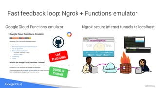 @bretmcg
Fast feedback loop: Ngrok + Functions emulator
Google Cloud Functions emulator Ngrok secure internet tunnels to localhost
LIVE
RELOADING
DEBUG IN
CHROME
 