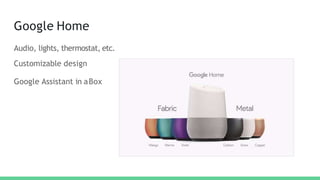 Google Home
Audio, lights, thermostat, etc.
Customizable design
Google Assistant in aBox
 