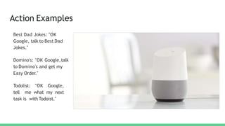 Action Examples
Best Dad Jokes: "OK
Google, talk to Best Dad
Jokes."
Domino's: "OK Google,talk
to Domino's and get my
Easy Order."
Todolist: "OK Google,
tell me what my next
task is with Todoist."
 