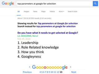 top parameters at google for selection
Showing results for Top parameters at Google for selection
Search instead for top parameters at google for selection
Do you have what it needs to get selected at Google?
L2, SIESCOMS, Nerul
Feb 29, 2016
1. Leadership
2. Role Related knowledge
3. How you think
4. Googleyness
Previous 4 5 6 7 8 9 10 11 12 13 Next
 