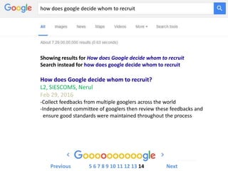 how does google decide whom to recruit
Showing results for How does Google decide whom to recruit
Search instead for how does google decide whom to recruit
How does Google decide whom to recruit?
L2, SIESCOMS, Nerul
Feb 29, 2016
-Collect feedbacks from multiple googlers across the world
-Independent committee of googlers then review these feedbacks and
ensure good standards were maintained throughout the process
Previous 5 6 7 8 9 10 11 12 13 14 Next
 