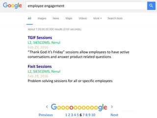 employee engagement
TGIF Sessions
L2, SIESCOMS, Nerul
Feb 29, 2016
“Thank God it’s Friday” sessions allow employees to have active
conversations and answer product related questions
Fixit Sessions
L2, SIESCOMS, Nerul
Feb 29, 2016
Problem solving sessions for all or specific employees
Previous 1 2 3 4 5 6 7 8 9 10 Next
 