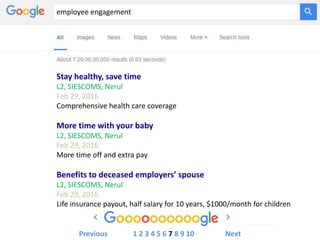 employee engagement
Stay healthy, save time
L2, SIESCOMS, Nerul
Feb 29, 2016
Comprehensive health care coverage
More time with your baby
L2, SIESCOMS, Nerul
Feb 29, 2016
More time off and extra pay
Benefits to deceased employers’ spouse
L2, SIESCOMS, Nerul
Feb 29, 2016
Life insurance payout, half salary for 10 years, $1000/month for children
Previous 1 2 3 4 5 6 7 8 9 10 Next
 