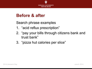 Before & after
Search phrase examples
1. “acid reflux prescription”
2. “pay your bills through citizens bank and
trust bank”
3. “pizza hut calories per slice”
June 6, 20142014 Librarian's Day
 